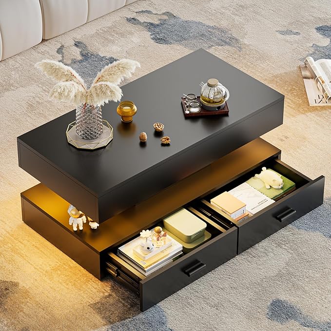 LED Coffee Table for Living Room,47.2" Large Living Room Table 2-Tier High Glossy Coffee Table with Storage,Rectangular Wooden Tea Tables for Home Office,Black