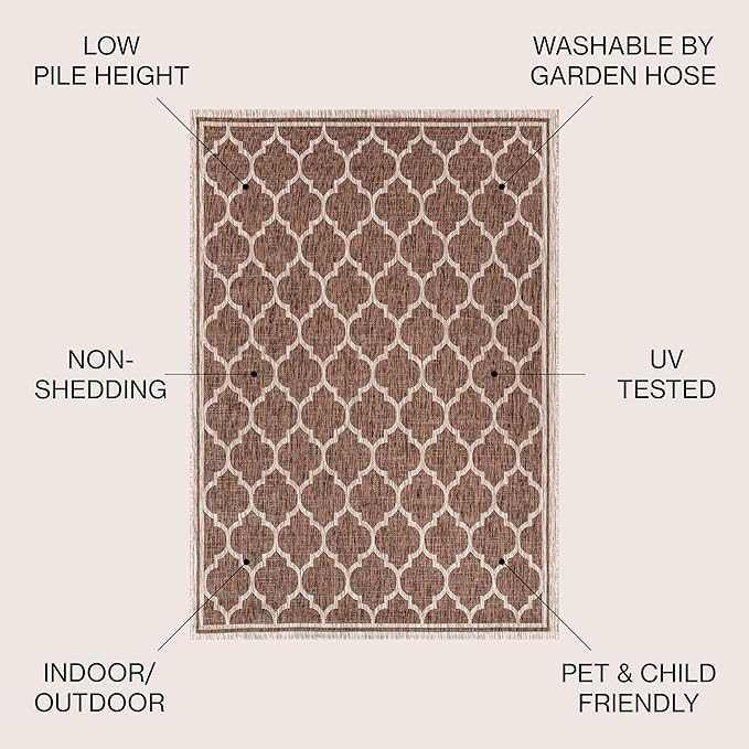 Eyely BMS109B-4R Santa Monica Trebol Moroccan Trellis Textured Weave, Pet Friendly, Non-Shedding, Stain Resistant, Easy-Cleaning, Espresso/Taupe, 4' Round, Indoor/Outdoor, Area Rug