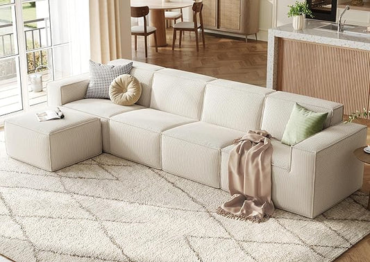 LINSY HOME Modular Sectional Sofa, 134" Boneless Couch L Shaped 4-Seat Sofa with Movable Ottoman, Corduroy Sectional Cloud Couches for Living Room, No Assembly Required, Beige
