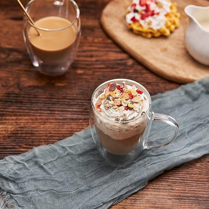 MEWAY 16oz/4 pack Coffee Mugs,Thickened Clear Glass Double Wall Cup with handle for Coffee, Tea, Latte, Cappuccino (16 oz，4)