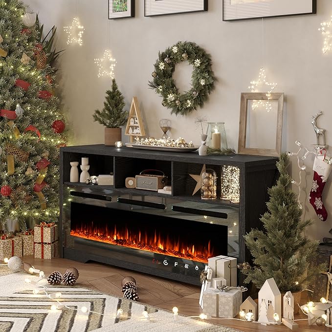 CharaVector Fireplace TV Stand with 60" Glass Electric Fireplace, Entertainment Center with Power Outlets for Up to 75" TVs, Black TV Cabinet with 3 Open Storage Cabinets, TV Console for Living Room