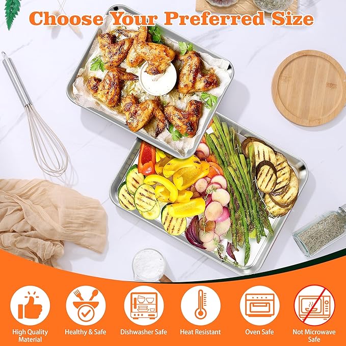 Herogo Nonstick Stainless Steel Baking Sheet Pan Set, Rectangle Cookie Sheet Bakeware Set for Oven, 2 Pack Multipurpose Kitchen Cookware, Non Toxic & Heavy Duty & Easy Clean- Small & Medium