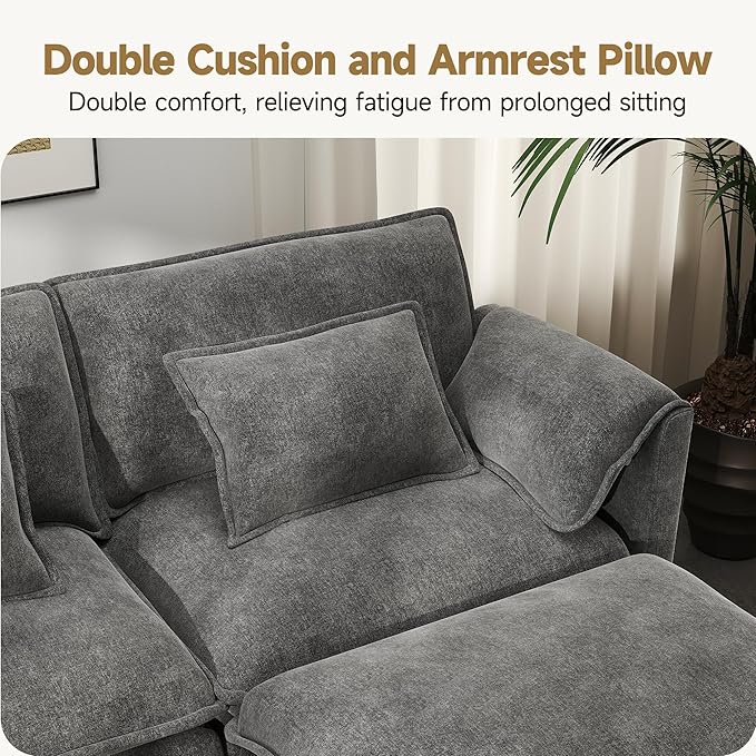 Real Relax 75.3'' Modular Sectional Sofa, Loveseat Chenille Convertible Couch with Movable Ottoman 4 Pillows and 2 Armrest Pillows for Living Room, Office and Leisure Places, Dark Gray