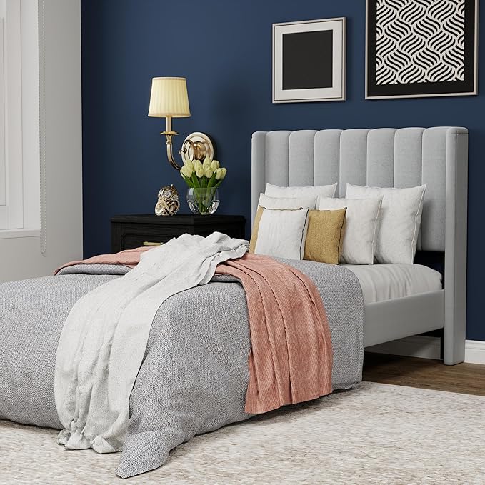 Upholstered Platform Twin Size Bed Frame with Headboard Wooden Slats Support No Noise Easy Assembly Light Grey Linen