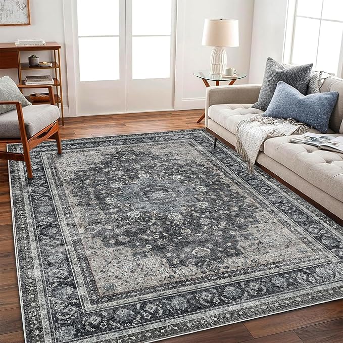 Area Rug 5'x7' Washable Rug Traditional Floor Cover Thin Retro Kitchen Indoor Distressed Non Slip Carpet for Living Room Bedroom Dining Room