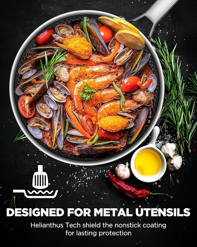 Non Stick Frying Pans Hybrid Ceramic, 12 Inch Tri-Ply Stainless Steel Skillet, Non-Toxic, PFAS/PFOA/PTFE Free, Metal Utensil Safe, Dishwasher & Oven Safe, Induction Compatible