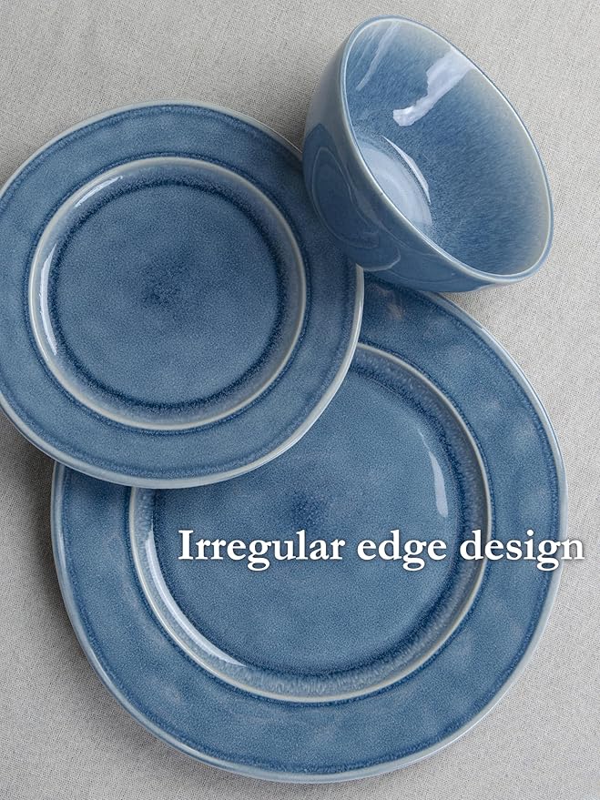 Famiware Plates and Bowls Sets, 12 Piece Dinnerware Sets for 4, Aurora Irregular Handmade Stoneware Dishes Set, Reactive Glaze, Microwave & Dishwasher Safe, Scratch-resistant, Lagoon Blue