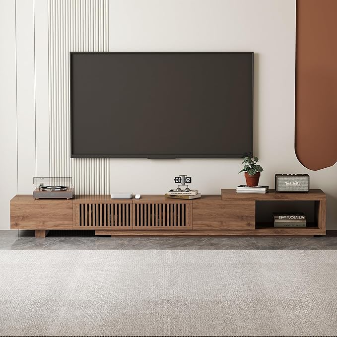 Modern Walnut TV Console for 75+ Inch Screen – Extendable Wood Media Unit (78"-103") with Grille Doors and Drawers, Great for Living Rooms & Bedrooms