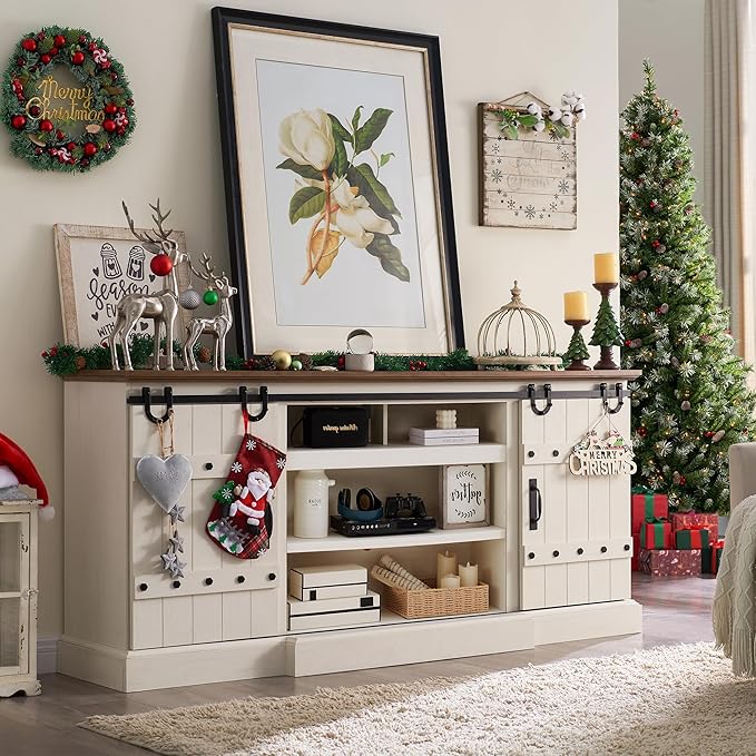 OKD 75" Farmhouse TV Stand for TVs Up to 85 Inches, Large Rustic Entertainment Center with Sliding Barn Door, Tall Highboy Media Console Table with Storage Cabinet for Living Room, Antique White