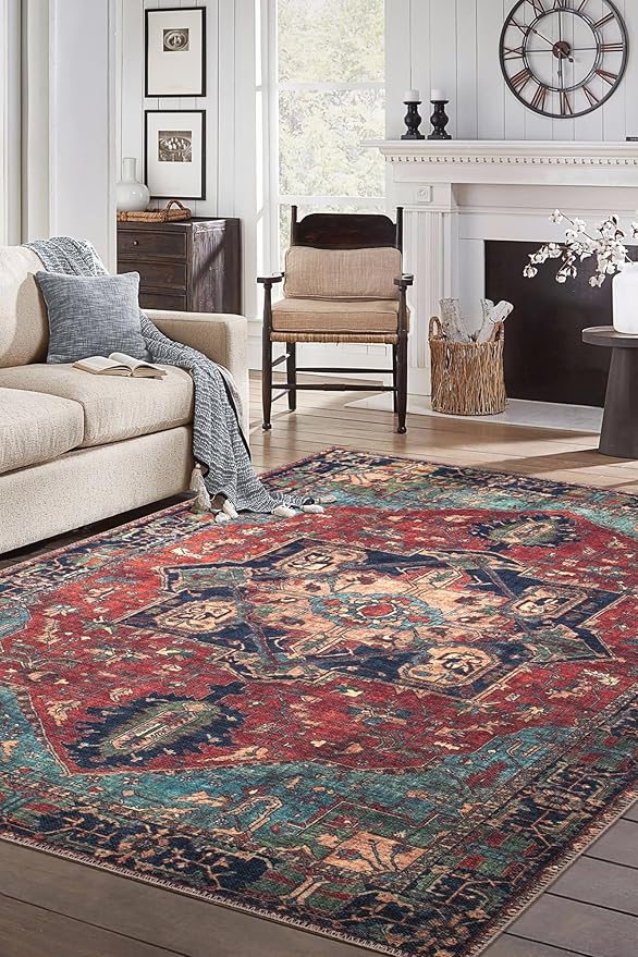 Keen Home Design 8x10 Rug - Machine Washable Area Rug with Non-Slip Backing, Ideal for Living Room, Dining Room, Bedroom - Vintage, Easy Clean, Durable, Low Pile Rug - (8' x 10')