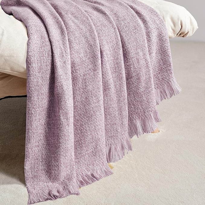 BOURINA Faux Cashmere Fringe Throw Blanket Decorative Lightweight Throw Soft Cozy for Bed or Sofa Outdoor Blanket, 50x70 Inches Purple