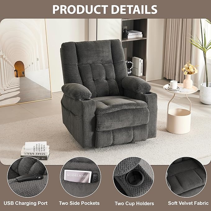 SALOHZA Power Lift Recliner Chair for Elderly with Massage and Heat for Living Room, Electric Recliner Chair for Adults with USB/Type C Port/Cup Holders, Velvet Fabric, Dark Gray