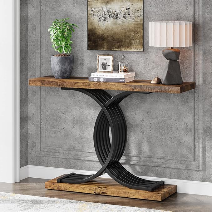 Industrial Entryway Console, 39" Vintage Accent Table with Geometric Metal Legs, Narrow Wooden Sofa Foyer Table for Entrance, Living Room (Rustic Brown & Black)