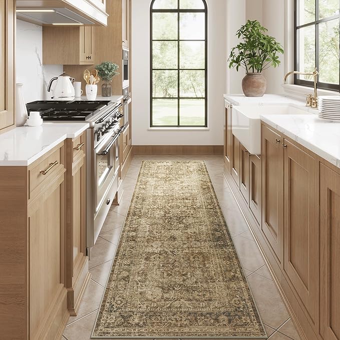 Fmfunctex 2x8 Runner Rug Brown Washable Vintage Neutral Distressed Non Slip Low Pile Indoor Carpet Soft Retro Floral Hallway Entryway Rug for Kitchen Living Room Bedroom Bathroom Laundry Entry Bedside