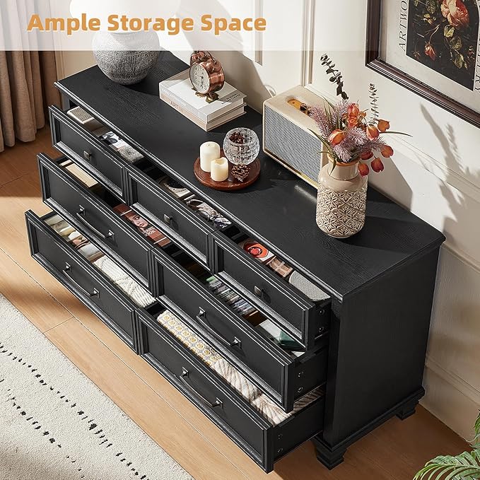 Farmhouse 7 Drawer Dresser for Bedroom, 54” Wide Dresser for Closet, Large Rustic Wooden Dressers, Chest of Drawers for Bedroom, Living Room, Entryway, Black