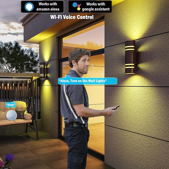 Smart Outdoor Wall Lights Color Changing 2 Pack, RGB+2700K-6500K Modern Exterior Lighting Fixtures Cylinder Outside Wall Sconce with Glass, WiFi APP Control Up Down Outdoor Porch Lights