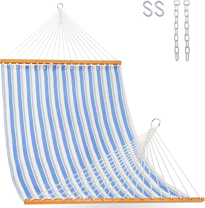 Lazy Daze Hammocks Quick Dry Hammock with Spreader Bar 2 Person Double Hammock with Chains Outdoor Outside Patio Poolside Backyard Beach 450 lbs Capacity, Blue Stripes