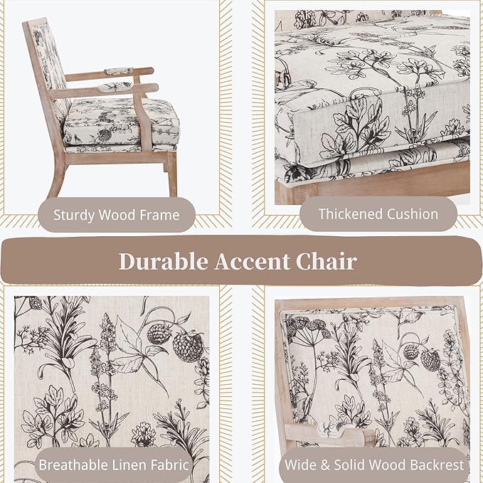 chairus Farmhouse Linen Accent Chair for Living Room, Upholstered Reading Chair with Solid Wood Frame Lounge Arm Chair with High Back for Bedroom, Reception Room, Waiting Room, Floral Pattern