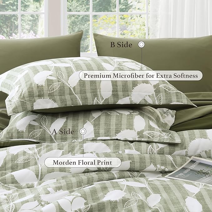 Full Comforter Set -7 Pieces Sage Green Floral Comforter Set for All Seasons, Bed in a Bag Full with Botanical Flowers Comforter, Sheets, Pillowcases & Shams