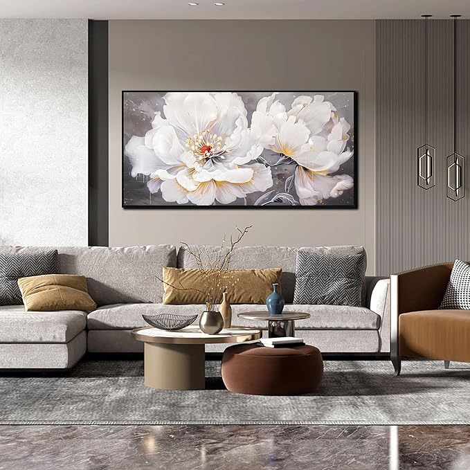 White Flower Painting Wall Decor for Living Room - Modern Framed Wall Art Bedroom - Home Decor for Women Ready to Hang Size 24" x 48"
