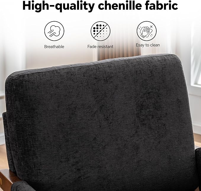Mid Century Modern Accent Chair with Wood Frame, Upholstered Living Room Chairs with Wide Armrest, Chenille Fabric Comfy Arm Chair for Bedroom, Reading Room, Balcony (2, Black)