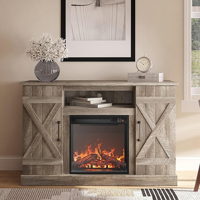 BELLEZE 47" TV Stand with 18" Electric Fireplace Heater & Media Entertainment Center Console Table for TV up to 50" with Open Storage Shelves & Cabinets - Veropeso (Ashland Pine)