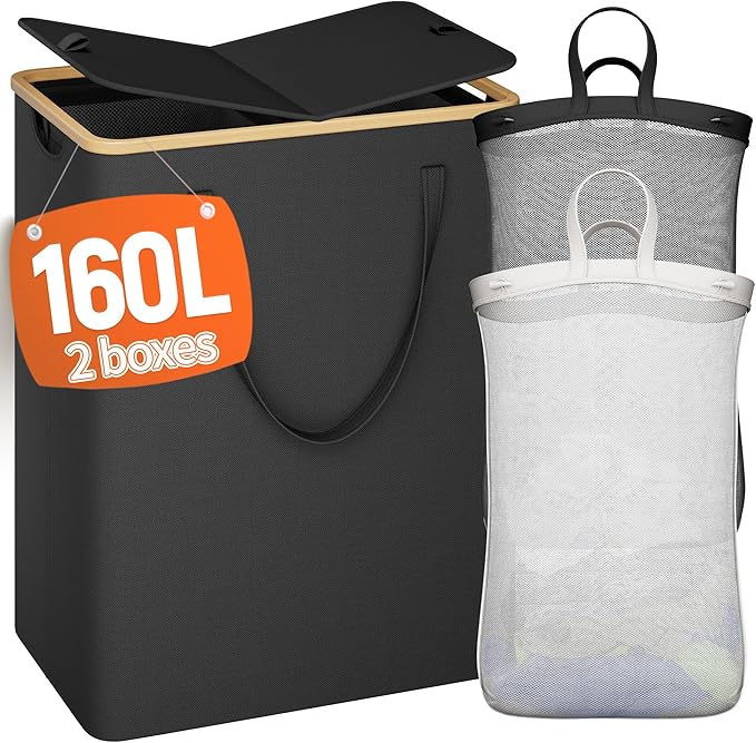 160L Double Laundry Hamper with Lid 2 Section, Large Bamboo Laundry Basket with 2 Removable Bags, Clothes Hampers for Laundry for Bedroom, Bathroom, Dorm, Laundry Room, Black