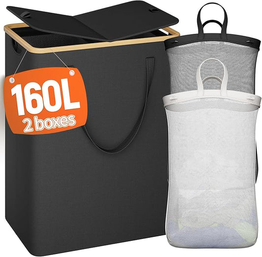 160L Double Laundry Hamper with Lid 2 Section, Large Bamboo Laundry Basket with 2 Removable Bags, Clothes Hampers for Laundry for Bedroom, Bathroom, Dorm, Laundry Room, Black