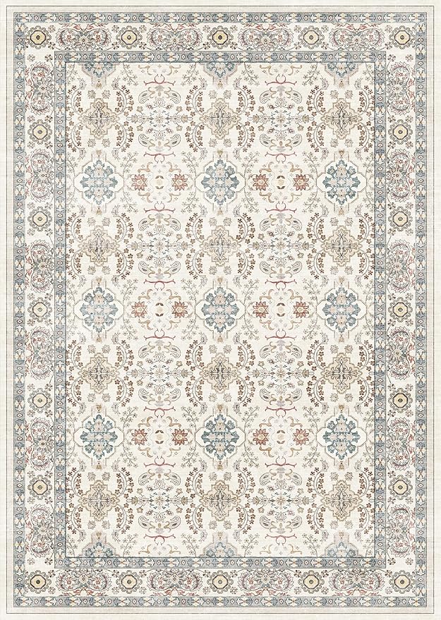 Area Rugs for Living Room: 8x10 Washable Rug Vintage Boho Floral Print - Ultra Thin Stain Resistant Large Soft Non Slip Foldable Carpets for Bedroom Dining Room Office Nursery - Multi