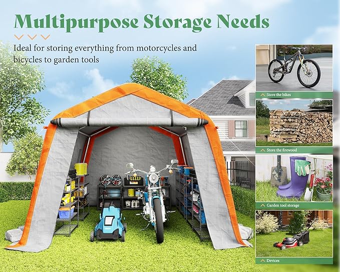 AMERLIFE 10.5x12x8 FT Heavy Duty Portable Shed Storage Shelter, Outdoor Storage Shed with 4 Waterproof Windows & Roll-up Zipper Door, Carport for Motorcycle, Bike, Gray