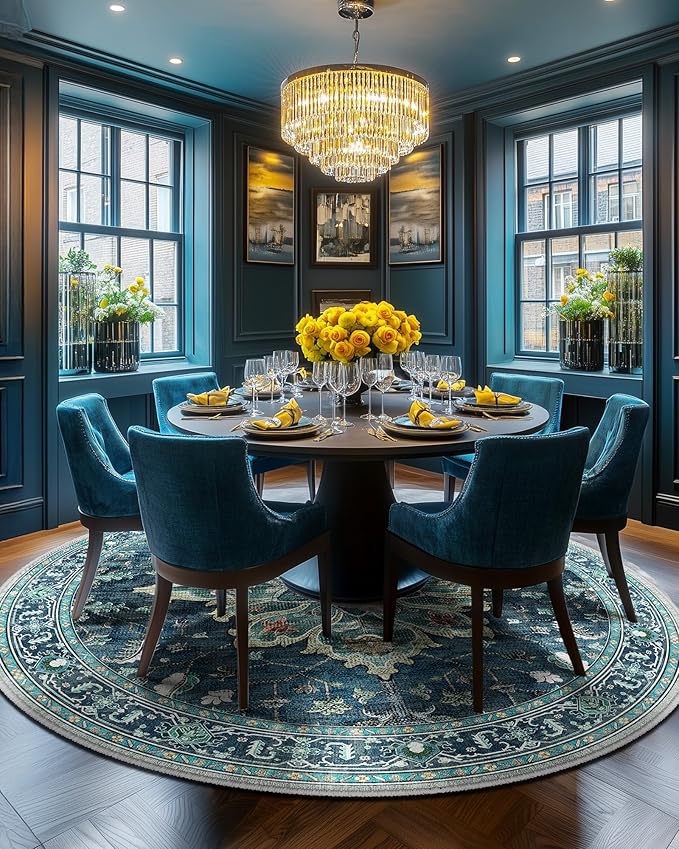 Area Rugs 5ft Washable Non-Slip, Floral Vintage Distress Print Pattern Medallion Carpet for Living Room Bedroom Dining Room, Teal Green Lake Blue Turquoise