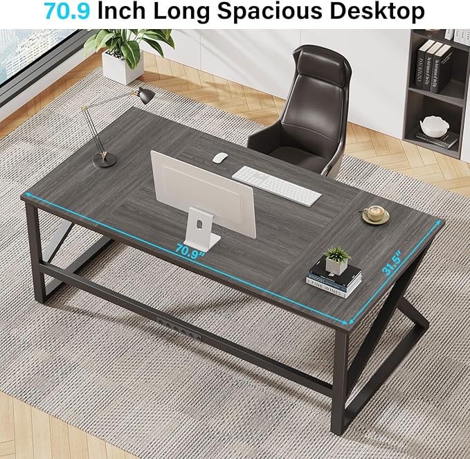 IBF Long Desks for Home Office, Large Metal Wooden Computer Desk for 2 Monitors, 70 Inch Two Person Desk for Executive Work Writing Study Gaming, Industrial Modern Big Double Desk, Dark Gray Oak