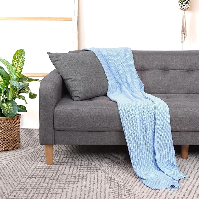 PiccoCasa 100% Cotton Knit Throw Blanket,Solid Lightweight Decorative Throws and Blankets,Soft Knitted Throw Blanket for Sofa Couch, Pale Blue 50" x 60"