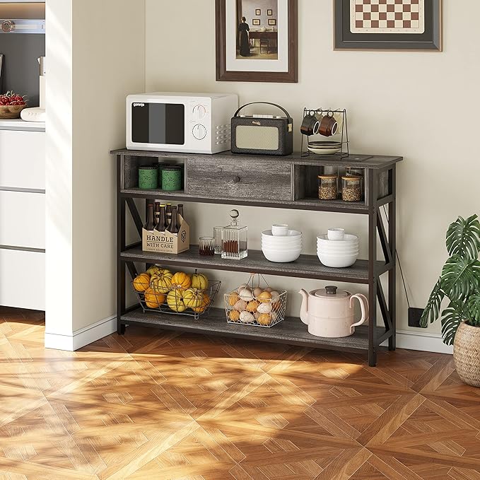 Mexin Console Table with Outlets and USB Ports, Entryway Table with Drawer Storage Shelves, Industrial Wood Hallway Sofa Table for Living Room, Couch, Foyer Table, 47 Inch Grey Oak