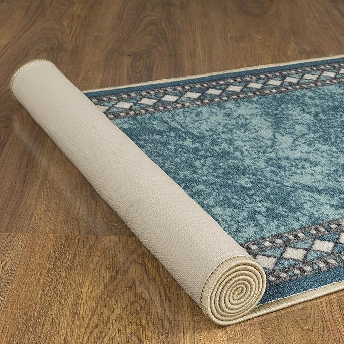Antep Rugs Alfombras Modern Bordered 2x7 Non-Skid (Non-Slip) Low Profile Pile Rubber Backing Indoor Area Runner Rugs (Blue, 2' x 7')