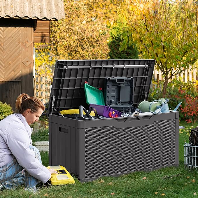 Greesum 100 Gallon Resin Deck Box Large Outdoor Storage Boxes with Cushions for Garden Tools, Patio Furniture Pillows, Pool Supplies, Gray