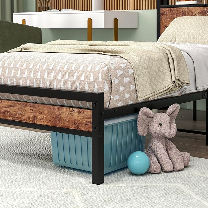 Twin Bed Frame with Storage Headboard/USB Charging Station,Single Platform Bed Frame Twin Size No Box Spring Needed,Strong Steel Slats Support,Bedroom Furniture,Rustic Brown