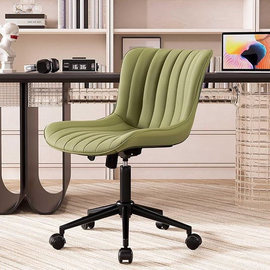 YOUNIKE Ergonomic Home Office Desk Chair with Wheels Comfy Armless Criss Cross Chair with Back Adjustable Modern Leather Upholstered Swivel Vanity Chair Small Cute Rolling Task Chair Avocado Green