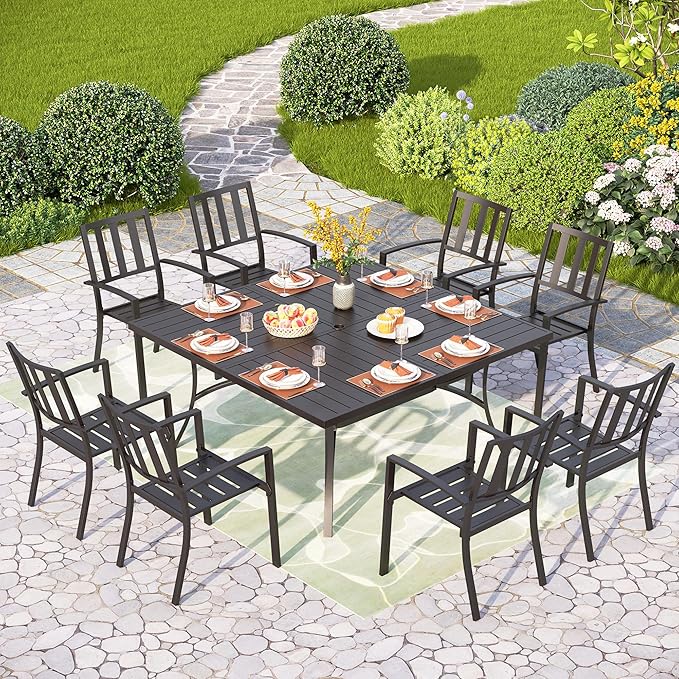 PHI VILLA 9 Pieces Outdoor Dining Table Set for 8, 60” Square Metal Dining Table & Stackable Dining Chairs, Large Dining Furniture Set for Patio, Deck, Yard, Porch