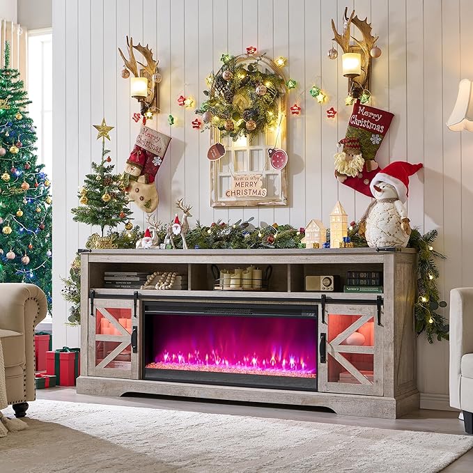 OKD 75" Fireplace TV Stand for 85" TV, 33" Tall Highboy Farmhouse Entertainment Center w/ 42'' Electric Fireplace, LED Light, Rustic Media Console w/Sliding Barn Door for Living Room, Light Rustic Oak
