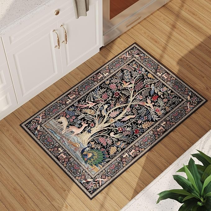 Indoor Door Mat 2x3 Rug Vibrant Tree of Life-Patterned Vintage Machine Washable Small Area Rug Non-Slip Low Pile Throw Rugs for Entryway Kitchen Front Door Entrance Entry Kids Room, Black