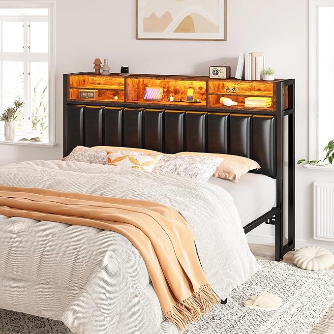 EnHomee Headboard Queen Size with Charging Port, Queen Headboard with LED Light, Headboard Only with Storage Shelf, Upholstered for Bedroom