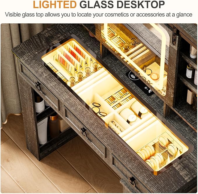 HNEBC 40" W Makeup Vanity Desk with Sliding Mirror and Lights,Farmhouse LED Vanity Set with Jewelry Armoire,Glass Tabletop Vanity Table with Charger,Adjustable Cabinet,6 Drawers,10 Shelves (Oak)