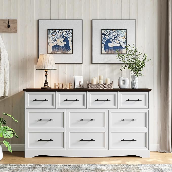 White Dresser for Bedroom, Farmhouse 10 Chest of Drawers, 59" Wide Chest of Drawers with Brushed Metal Handle, Wood Closet Organizers and Storage Cabinet for Bedroom, Living Room