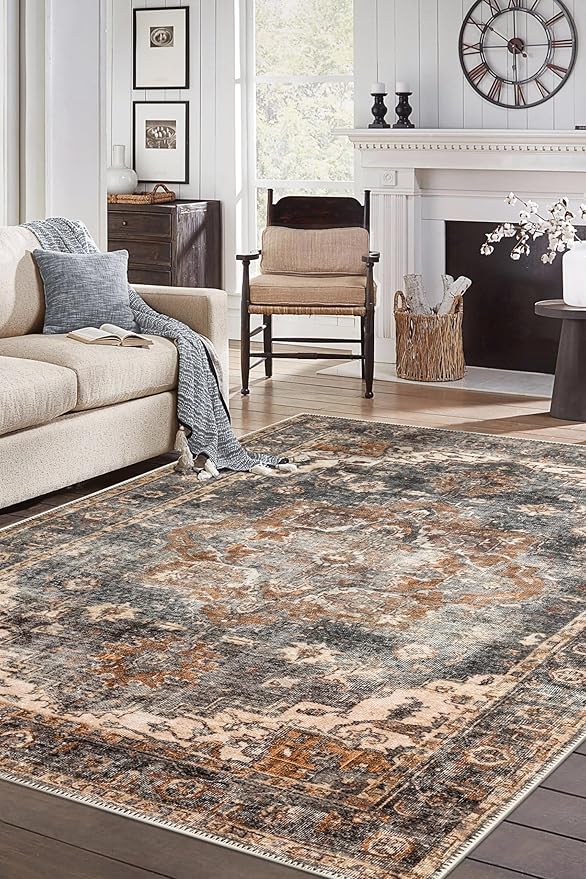 Keen Home Design 5x7 Rug - Machine Washable Area Rug with Non-Slip Backing, Ideal for Living Room, Dining Room, Bedroom - Vintage, Easy Clean, Durable, Low Pile Rug - (5' x 7')