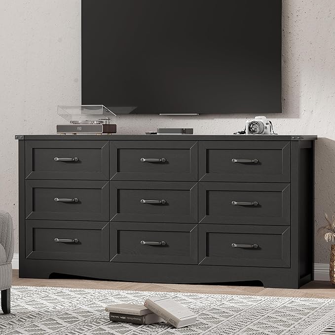 Dresser for Bedroom with 9 Drawers, 59" Wide Wood Chest of Drawers with Deep Drawers & Mental Handle, Modern Dresser TV Stand, Wooden Closet Storage Organizer for Living Room, Hallway, Entryway, Black