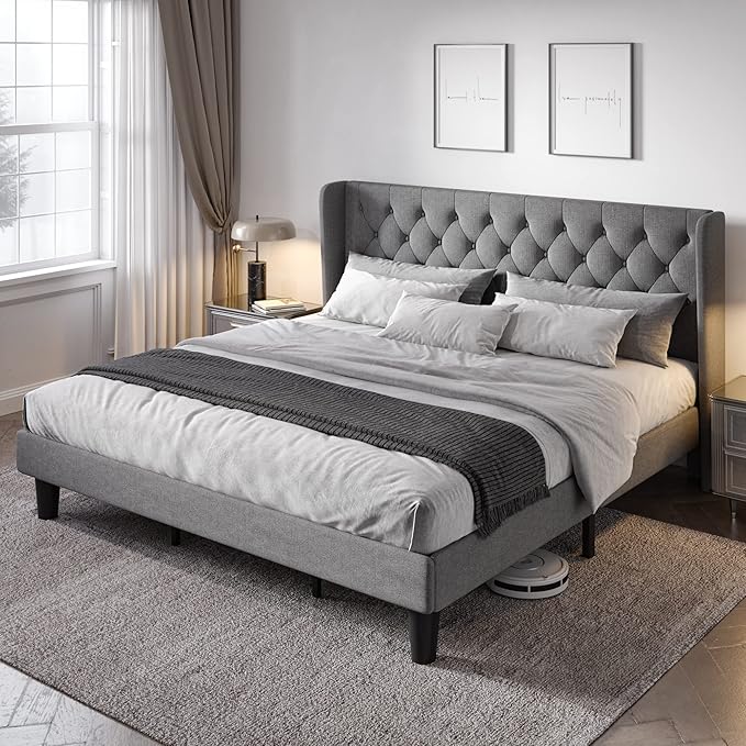 Allewie King Size Upholstered Platform Bed Frame with Wingback and Button Tufted Headboard for Reading, Strong Wood Slat Support, Modern Design, Easy Assembly, Light Grey