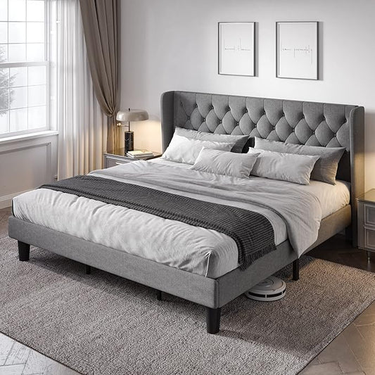 Allewie King Size Upholstered Platform Bed Frame with Wingback and Button Tufted Headboard for Reading, Strong Wood Slat Support, Modern Design, Easy Assembly, Light Grey