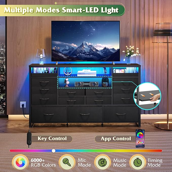 WLIVE Black TV Stand for 55, 60, 65 inch TV, Entertainment Center with LED Lights & Charging Station, TV Media Console Table with 15 Fabric Drawers and Open Shelves for Living Room, Hallway, Wood Topm