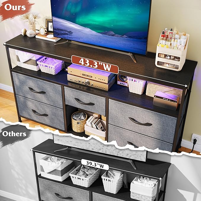 TV Stand Dresser with LED Lights & Power Outlets, Entertainment Center for 50" Inch TV, 5 Drawers TV Stand for Bedroom Dresser with Shelves for Living Room, Sturdy Metal Frame, Grey